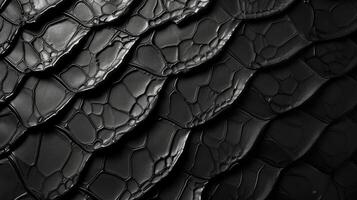 ai generado reptil elegancia Satisface textura en un antecedentes de negro cuero, ai generado. foto