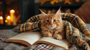 ai generado adorable gato salones en un cubierto de cuadros libro, un encantador mezcla de felino comodidad y literario comodidad, ai generado. foto