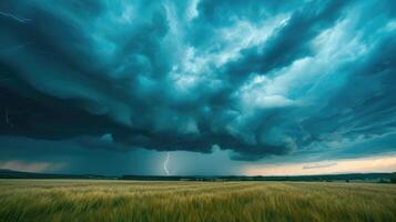 AI generated Rainy clouds and lightning create a captivating scene over a beautiful rural area before the storm. Ai Generated. photo