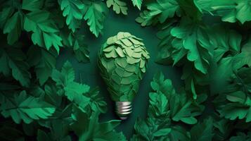 AI generated Innovative eco-friendly lightbulb crafted from vibrant green paper leaves, symbolizing sustainability, Ai Generated. photo