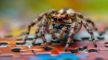 AI generated spider engaged in a jigsaw puzzle challenge, Ai Generated. photo