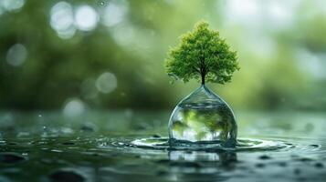 ai generado un pequeño verde isla encapsulado dentro un agua gota, simbolizando ambiental conservación. ai generado. foto