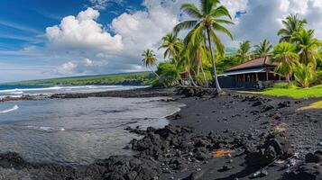 AI generated Panorama of a tropical black sand beach with palm trees and a solitary house. Ai Generated. photo