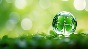 AI generated A glass ball holds a clover leaf, set against a green bokeh background, creating a magical and whimsical scene. Ai Generated. photo