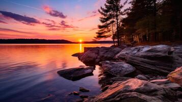 AI generated Stones rest in the lake, embraced by the gentle hues of sunrise in a captivating landscape. Ai Generated. photo