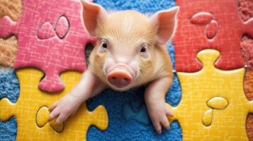 AI generated Adorable top view of a cute pig solving a jigsaw puzzle, playful and clever. Ai Generated photo