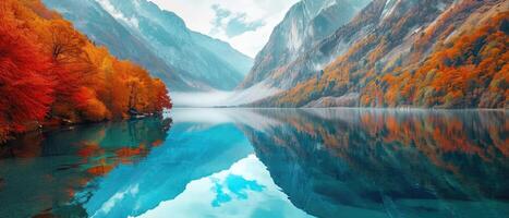 AI generated A mysterious mountain lake shrouded in autumn foliage reflects turquoise waters, Ai Generated photo