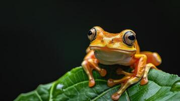 AI generated Adorable tree frog perched on a leaf against a black backdrop, Ai Generated. photo