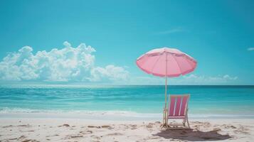 AI generated A little pink parasol and chair grace the sandy shore, embodying the essence of a perfect summer vacation by the sea. Ai Generated. photo