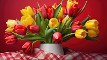 AI generated Fresh yellow and pink tulips grace a contrasting red fabric, creating a vibrant and visually striking floral arrangement. Ai Generated. photo