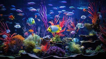 AI generated Ornamental fish with vivid stripe patterns swim gracefully in a school, Ai Generated. photo