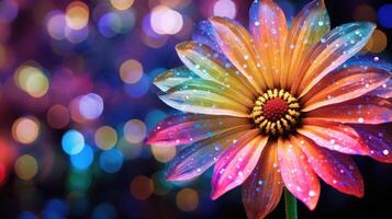 AI generated A multi-colored flower glistens with dew, set against a mesmerizing rainbow bokeh background. Ai Generated. photo