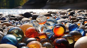 AI generated Assorted glass marbles are scattered among river stones, forming a vibrant and playful mosaic of colors and textures. Ai Generated photo