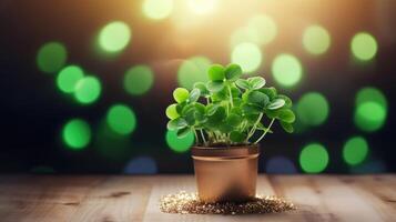 AI generated A green clover plant sits in a pot on a wooden table, with a bokeh light background, creating a serene and enchanting setting. Ai Generated. photo