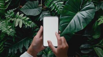 AI generated A top view of a hand using a phone with a white screen, perfect for showcasing mobile app designs or digital content. Ai Generated photo