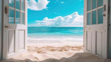 AI generated An opened door at the sandy beach reveals a captivating sea view, inviting moments of contemplation and relaxation. Ai Generated photo