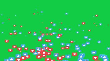 green screen social media emojis of hearts and like animation randomly flying upward and dissapear, for chatting and streaming video