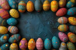 AI generated Colorful wooden easter eggs make up a frame photo