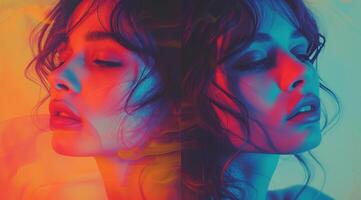 AI generated Girl with a woman colorful background, in the style of deconstructed minimalism, double exposure photo