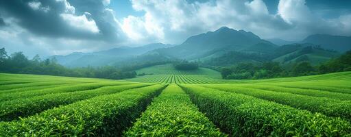 ai generado té plantación verde paisaje en el montañas foto