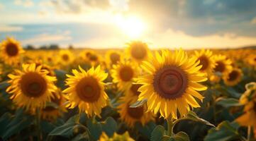 AI generated Golden sunflower on field and blue sky stock photo