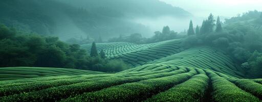 AI generated Tea plantation green landscape in the mountains photo