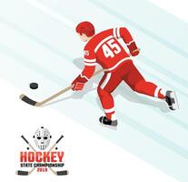 Ice hockey player with puck in red uniform vector