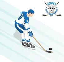 hielo hockey jugador con disco en blanco azul uniformes durante el juego vector