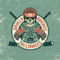 Hockey logo, poster with skull, in retro coloring. Grunge texture on separate layer and can be easily disabled. vector