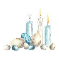 Watercolor Easter composition with candles and different eggs. Hand drawn illustrations on isolated background for greeting cards, invitations, happy holidays, posters, graphic design, print, label vector