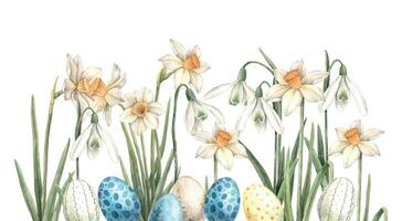 Watercolor Easter composition of multi-colored eggs and yellow daffodils. Hand drawn illustrations on isolated background for greeting cards, invitations, happy holidays, posters, graphic design vector