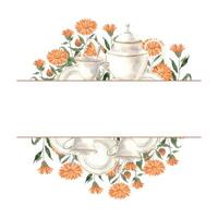 Watercolor frame with ceramic tableware and orange calendula flower. Illustration hand drawn on isolated background, suitable for menu design, packaging, poster, website, textile, invitation vector