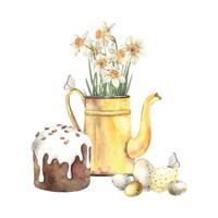 Watercolor Easter composition with a yellow jug, daffodils, Easter cake and Easter eggs. Hand drawn illustrations on isolated background for greeting cards, invitations, happy holidays, posters vector