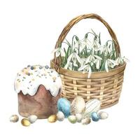 Watercolor Easter composition with a wicker basket, snowdrops, Easter cake and eggs. Hand drawn illustrations on isolated background for greeting cards, invitations, happy holidays, posters vector