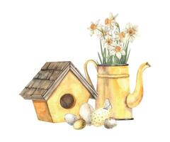 Watercolor set with yellow watering can and daffodils, birdhouse, eggs. Hand drawn illustrations on isolated background for greeting cards, invitations, happy holidays, posters, design, print vector