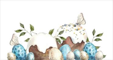 Watercolor Easter composition of multi-colored eggs, Easter cakes with butterflies. Hand drawn illustrations on isolated background for greeting cards, invitations, happy holidays, posters, graphic vector