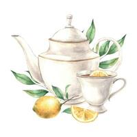 Watercolor composition with a ceramic teapot and mug, leaves and juicy lemon. Illustration is hand drawn, suitable for menu design, packaging, poster, website, textile, invitation, brochure vector