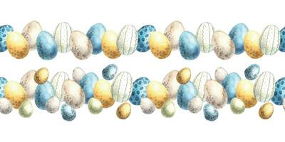 Watercolor seamless Easter line of colorful eggs. Hand drawn illustrations on isolated background for greeting cards, invitations, happy holidays, posters, graphic design, print, label vector