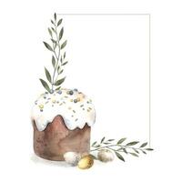 Watercolor composition with a rectangular frame, Easter cake and eggs. Easter holiday illustration hand drawn. Sketch on isolated background for greeting cards, invitations, happy holidays, posters, vector