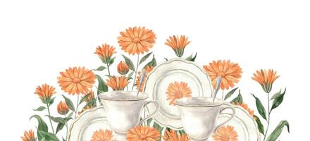 Watercolor tea composition with ceramic tableware and orange calendula flower. Illustration hand drawn on isolated background, suitable for menu design, packaging, poster website invitation brochure vector