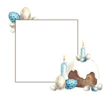 Watercolor Easter frame with Easter cake, candles and different eggs. Hand drawn illustrations on isolated background for greeting cards, invitations, happy holidays, posters, graphic design vector