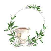 redondo guirnalda hecho desde un Clásico taza con té hojas, platillo y cuchara el ilustración es mano dibujado en un aislado antecedentes dibujo para menú diseño, embalaje póster, sitio web textil invitaciones vector