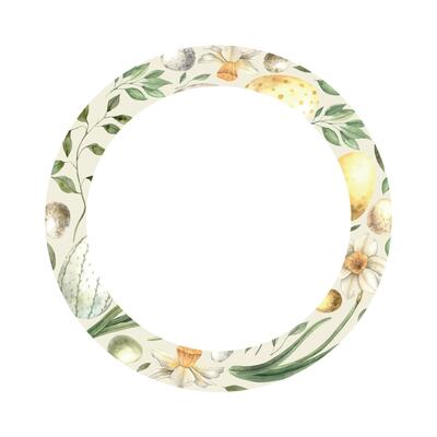 Watercolor Easter round frame made of Easter elements. The illustration is hand drawn on an isolated background. Drawing for greeting cards, invitations, posters, book illustrations, fabric, design