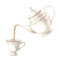 Watercolor composition of a teapot pouring tea into a mug. The illustration is hand drawn on an isolated background. Drawing for menu design, packaging, poster, website, textile, invitations, brochure vector