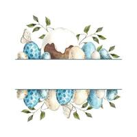 Watercolor Easter frame made of multi-colored eggs, Easter cakes with butterflies. Hand drawn illustrations on isolated background for greeting cards, invitations, happy holidays, posters, graphic vector