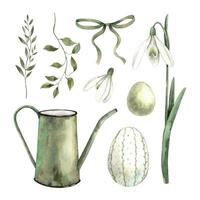 Watercolor set on an Easter theme in green tones watering can, vase, bow, green leaves, snowdrop, egg. Hand drawn illustrations on isolated background for greeting cards, invitations, happy holidays vector