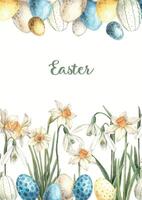 Watercolor Easter composition with text, Easter cakes, eggs and daffodils. Hand drawn illustrations on isolated background for greeting cards, invitations, happy holidays, posters, graphic design vector