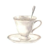 Vintage watercolor cup with saucer and silver spoon. The illustration is hand drawn on an isolated background. Drawing for menu design, packaging, poster, website, textile, invitations, brochure vector