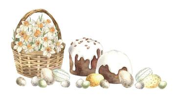 acuarela Pascua de Resurrección composición con un mimbre cesta, narcisos, Pascua de Resurrección pastel y huevos. mano dibujado ilustraciones en aislado antecedentes para saludo tarjetas, invitaciones, contento vacaciones, carteles, diseño vector