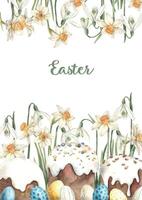 Watercolor Easter composition with text, Easter cakes, eggs and daffodils. Hand drawn illustrations on isolated background for greeting cards, invitations, happy holidays, posters, graphic design vector